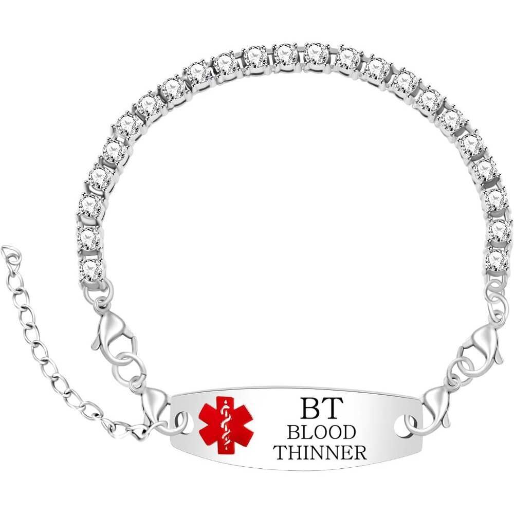 Durable Stainless Steel Engraved Medical Alert Bracelet - Tennis Style with Gems